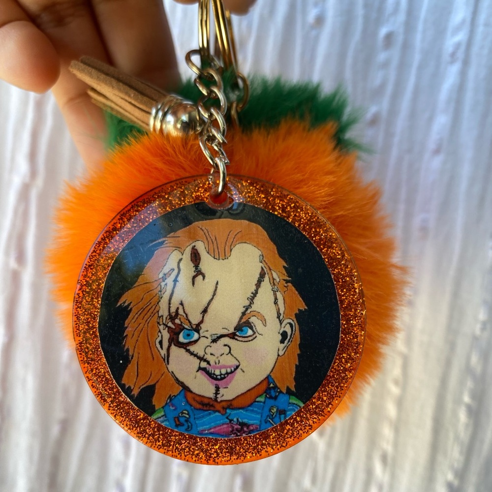 Chucky keychain with pumpkin pompom